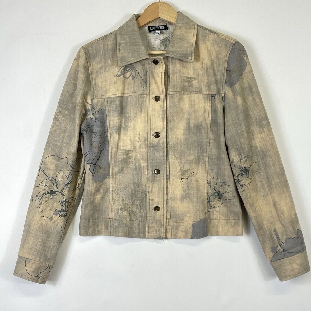 L'Officiel Button Up Jacket Womens Medium Large Tan Grey Artsy Boho Lagenlook‎
